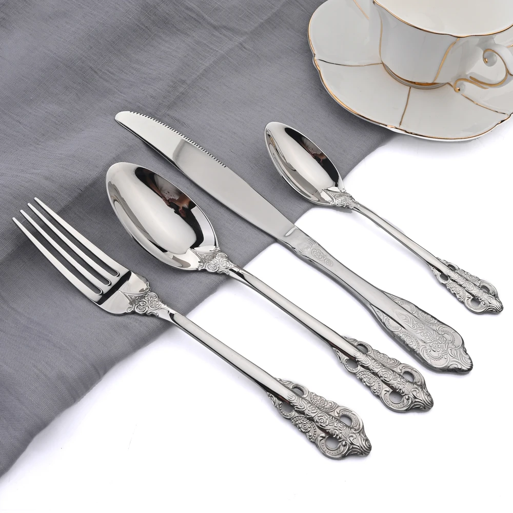 

Zoseil 24Pcs Dinnerware Western Silver Cutlery Set Knife Fork Coffee Spoons Cutlery Set Stainless Steel Style Kitchen Flatware