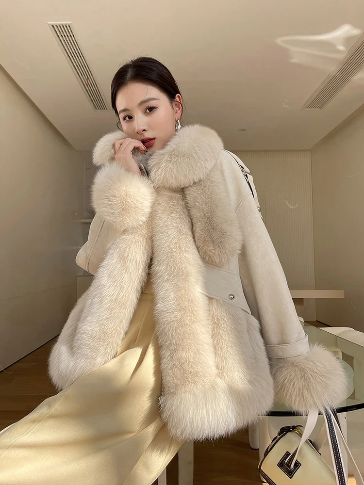 New Women Real Fur Coat Autumn Winter Casual Double-faced Fox Fur Patchwork Sheepskin Fur Jacket Loose Down Liner Outerwear