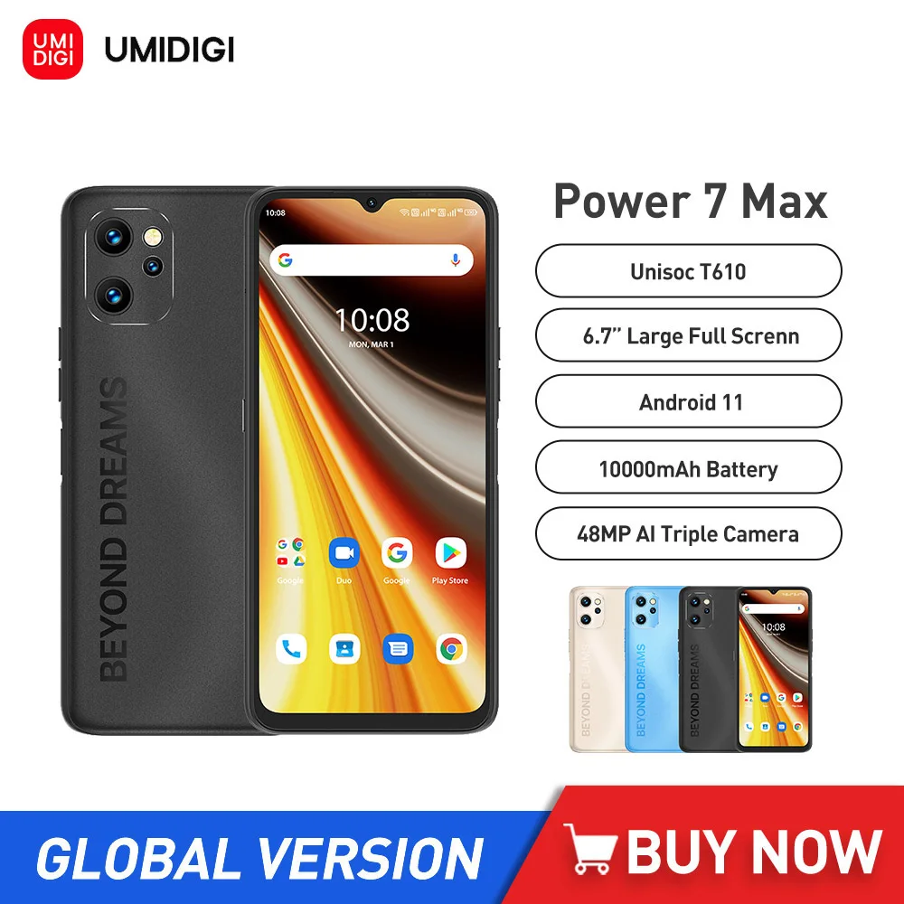 

UMIDIGI Power 7 Max Android 11 Smartphones 10000mAh Unisoc T610 Octa Core Phone 6GB+128GB 6.7" Display 48MP Camera NFC Cellphone