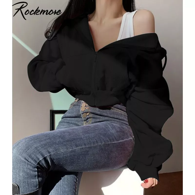 

Rockmore Zipper Up Hoodies Women Aesthetic Pockets Solid Sweatshirts Long Sleeve Crop Top Baggy Hooded Hoodie Sweat Shirts Loose