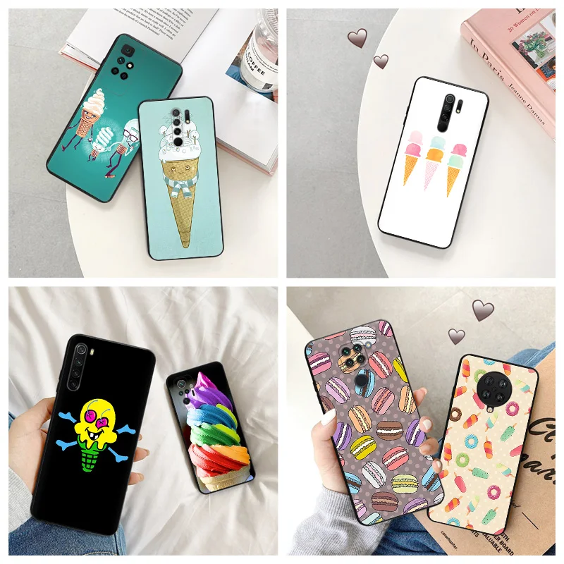 

Ice Cream Cartoon Silicone Black Phone Cases for Redmi Note 9 9T 9S 8T 7 8 Pro 6 6A 8A 7A 9A 9C 9i K40 K40S Soft Cover