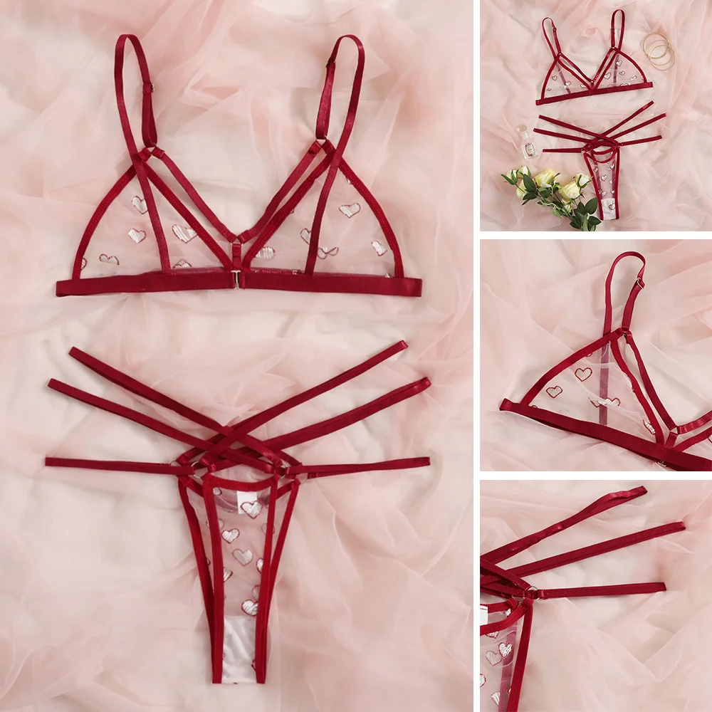 

Women Erotic Clothing Lace Lingerie Sets Heart Shape Solid Underwear Panties Thong Sexy Mesh See-through Temptation Strappy H9