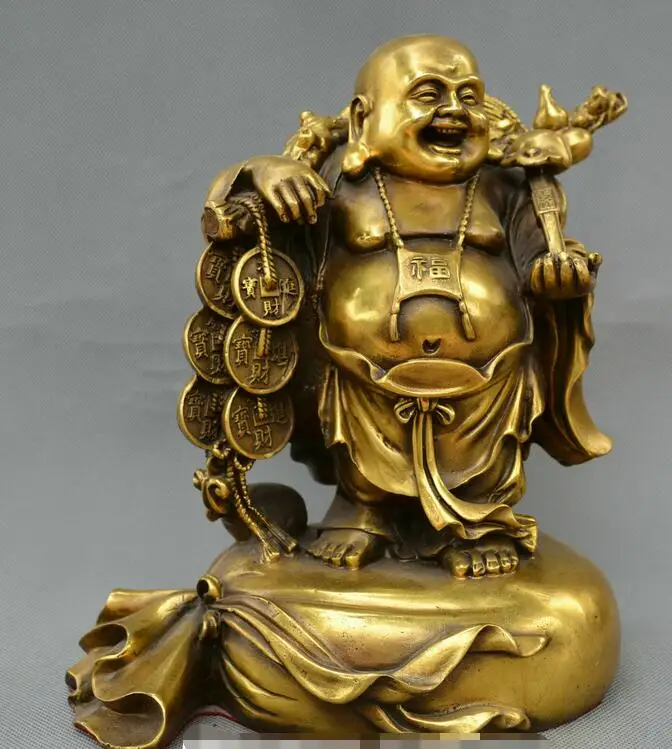 

Китайская статуя Fengshui из старой бронзы Будды Maitreya, золотая статуя монеты