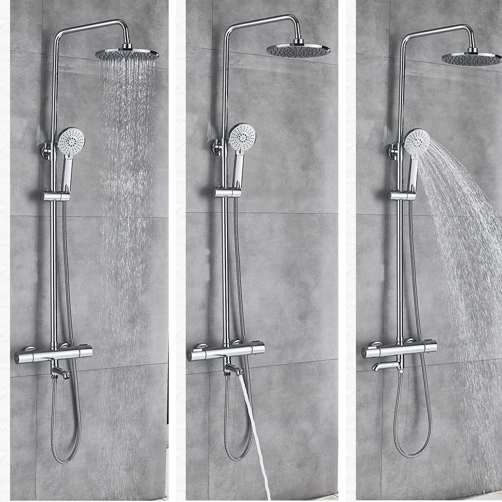 

Chrome Rainfall Shower Set Thermostatic Bath Shower Mixer Faucet Wall Mounted Rotate Watering Can Bathroom Shower Faucet System