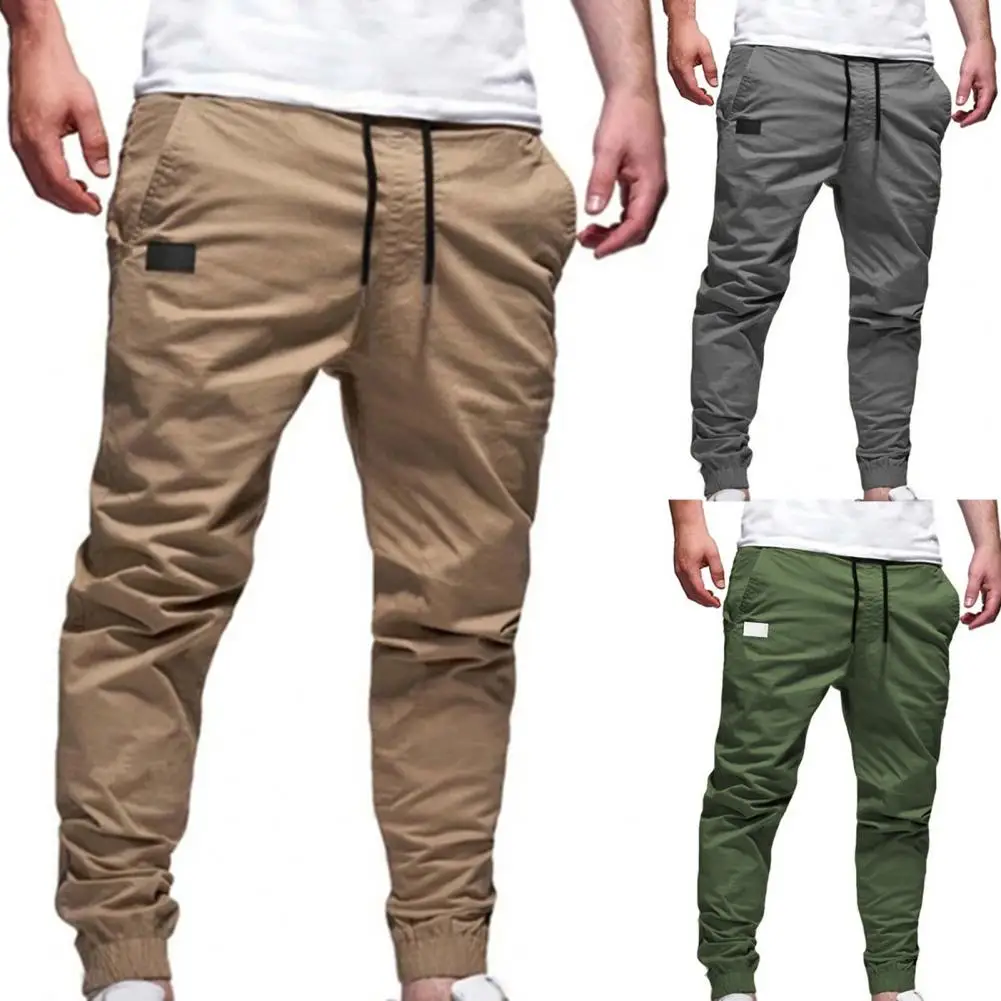 

Trendy Casual Pants Wear Resistant Sweatpants Mid Rise Deep Crotch Drawstring Trousers Solid Color