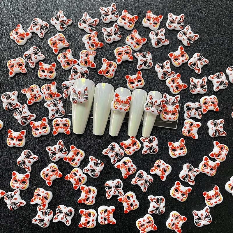 100PC Red Resin Fox Mask Nail Decorations Japanese Culture Face Cosplay Mask Nail Art Ornament 3D Nail Tips Manicure Part Supply enlarge
