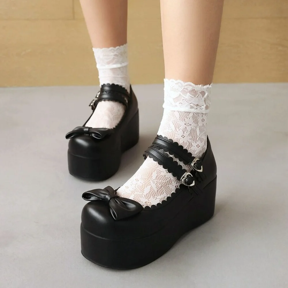 

Women Round Toe Bowknot Japanese Mary Janes Lolita Pumps Platform Belt Buckle High Heel Retro Shoes Plus Size 3Colors New 2022