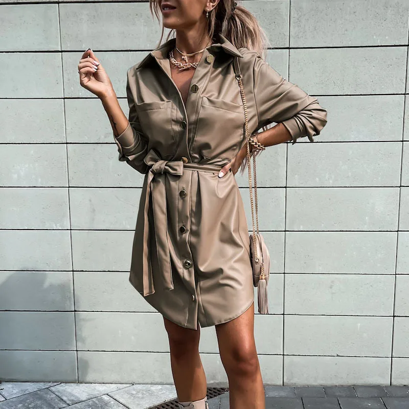 

Women's dresses autumn and winter explosive single-breasted lapel sexy laced PU leather dresses long-sleeved dress niche senior