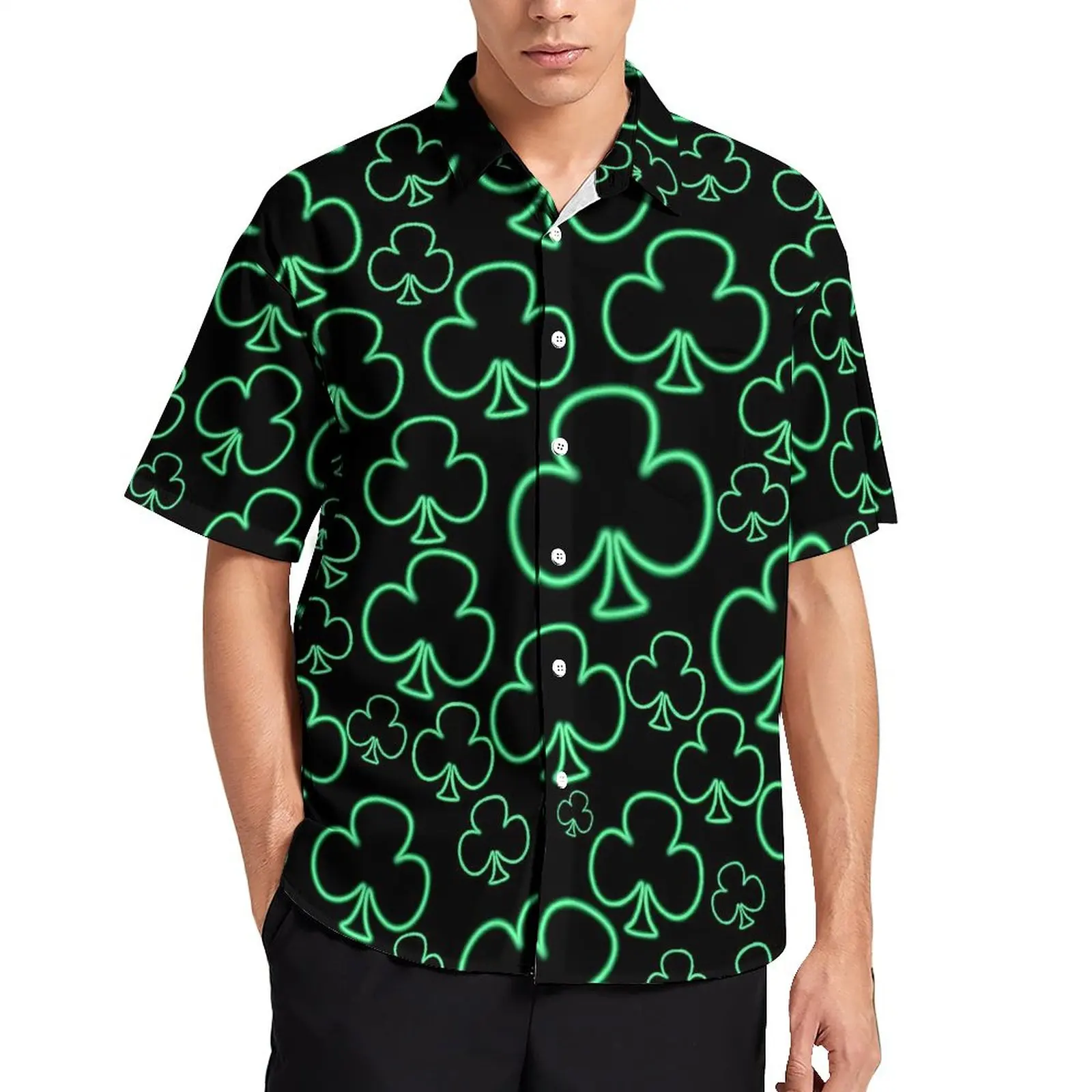 

Neon Shamrock Casual Shirt Fun Cool Leaf Print Vacation Loose Shirt Hawaii Retro Blouses Short Sleeves Design Oversized Tops