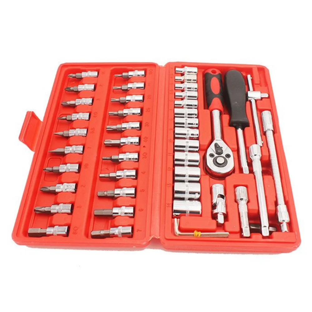 Krachtige 46Pcs 1/4-Inch Socket Set Car Repair Tool Ratchet Wrench Combo Tools Kit Auto Repairing Tool Set /Color Random enlarge