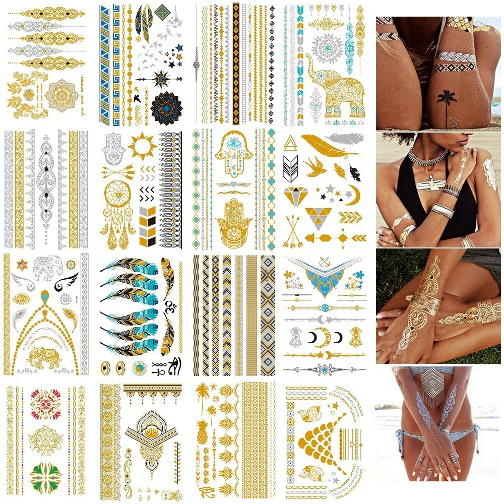 16 Sheets Metallic Temporary Tattoo for Women Teen Girl Gold Silver Glitter Shimmer Jewelry Flash Fake Waterproof Tattoo Sticker