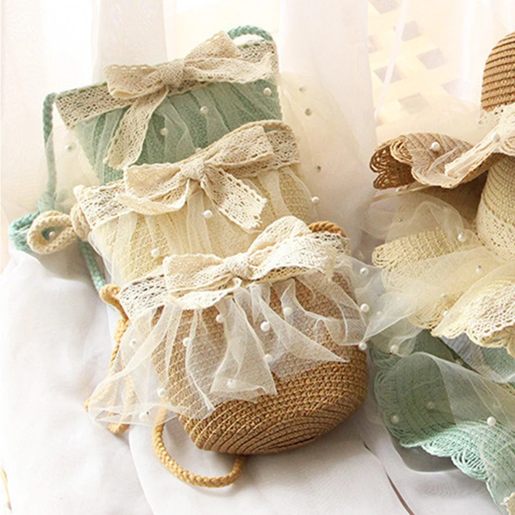 

Summer Children Girls Straw Hat Shoulder Bag Lace Bow Pearl Kids Keys Coin Purse for Children Storage Handmade Tote
