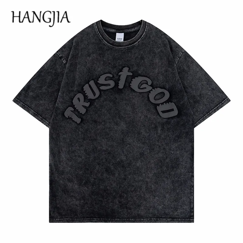 

European American Kanye Streetwear Washed Foam Letter Printing Tshirt Men and Women Oversize Short Sleeve Shirts and Tops Baggy