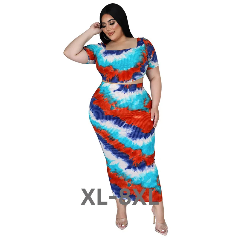 Plus Size Clothing Women's Wear Summer Ribbed Pit Strip Digital Printing Two-piece Skirts Set Whole 3xl 4xl 5xl 6xl