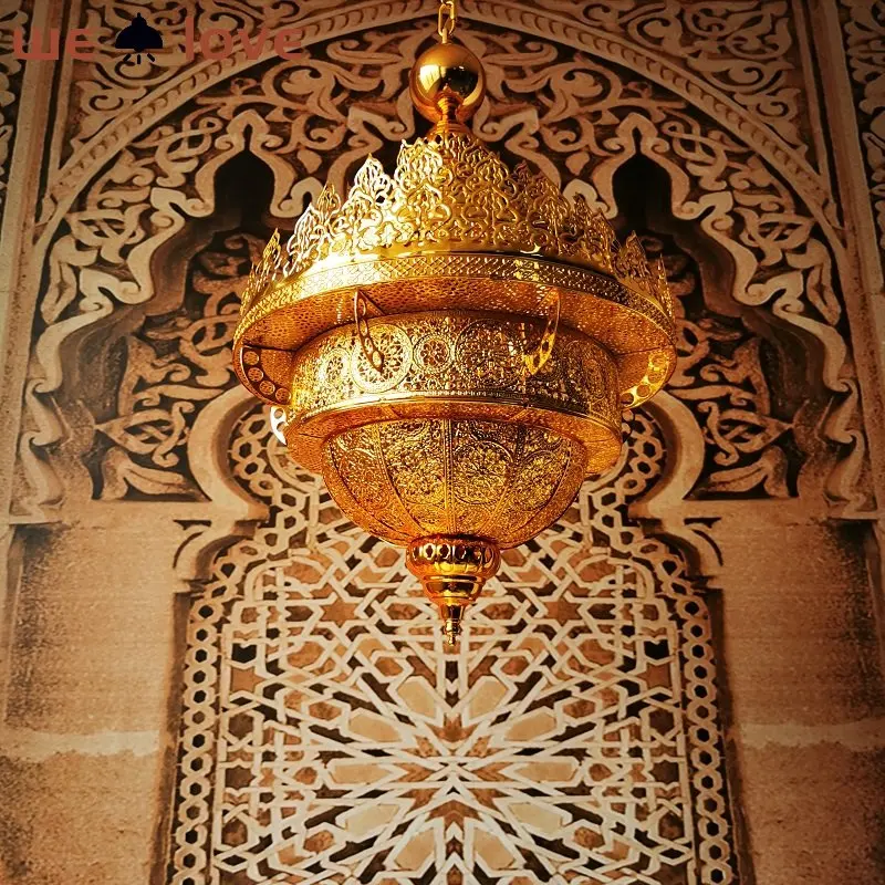 

Dubai Hollow Carved Pendant Light 50cm Retro Morocco Hotel Villa Homestays Gold Hanging Light Southeast Asian Style