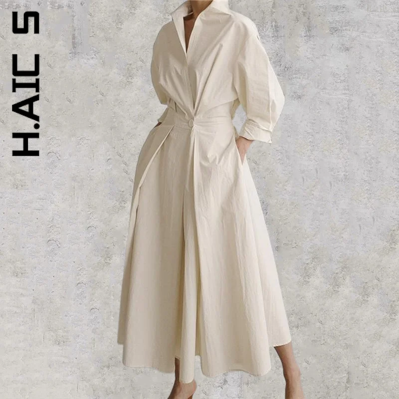 

H.Aic S Dress Women New Vocation Long Sleeve Solid Long Shirt Dress Streetwear All-Match Temperament Female Clothing Vestidos