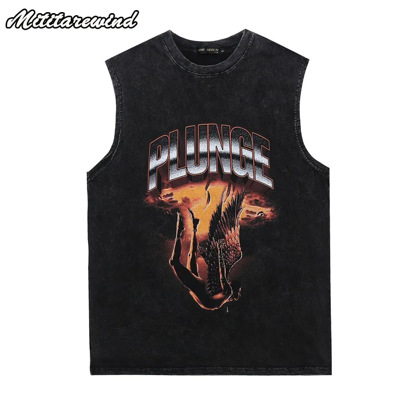 

Винтажная потертая мужская жилетка без рукавов с принтом, повседневные топы в стиле Хай-стрит, уличная одежда в стиле хип-хоп, свободный черный, серый спортивный Y2k