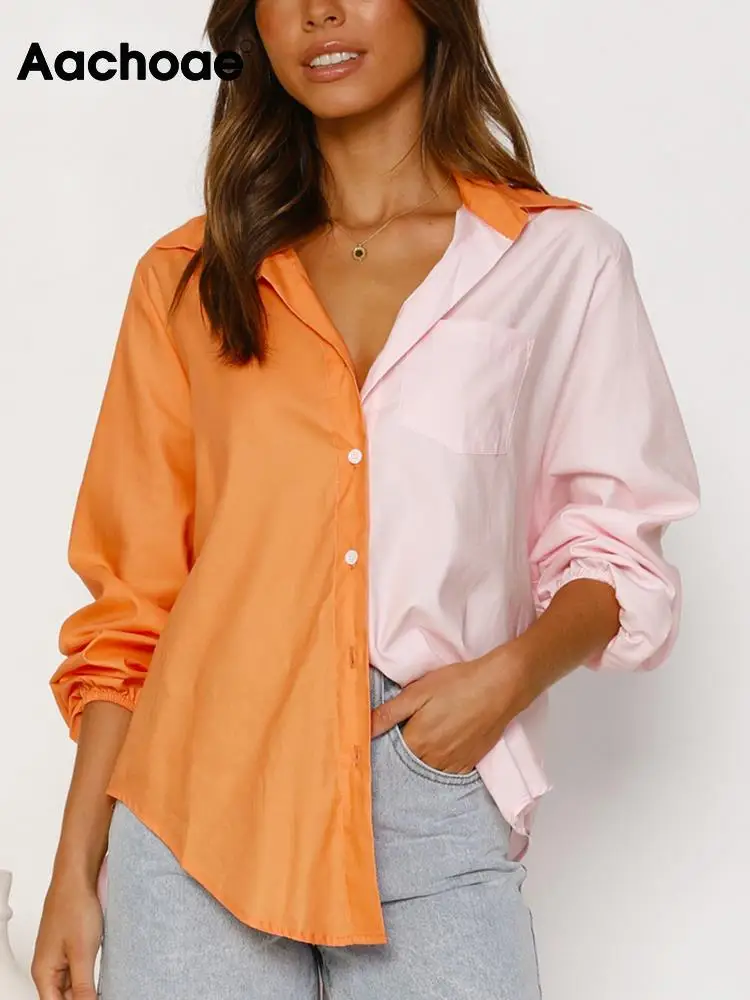 

Aachoae Fashion Patchwork Blouses Shirts Women Turn Down Collar Single Breasted Shirts Tops Ladies Long Sleeve Shirts Tops