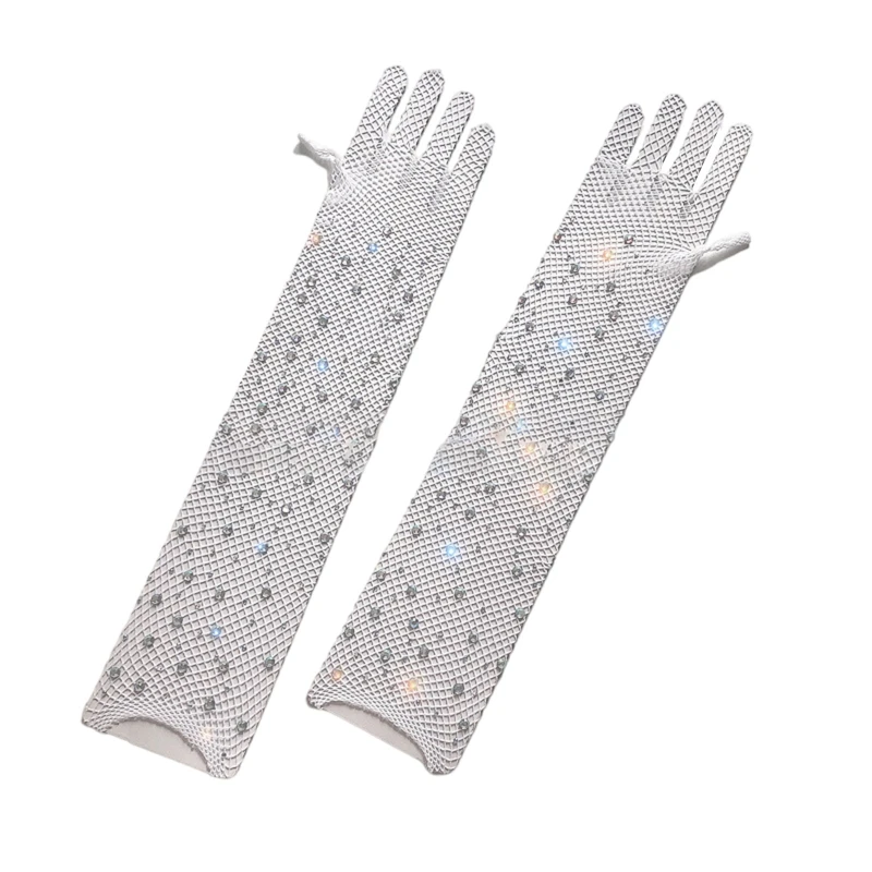 

1 Pair Long Sexy Rhinestones Diamond Fishnet Gloves Mesh Full Finger Arm Sleeves Breathable Gloves for Wedding Parties
