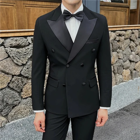 Мужской деловой костюм, двубортный однотонный пиджак, облегающий свадебный костюм из 2 предметов, Блейзер, куртка, брюки