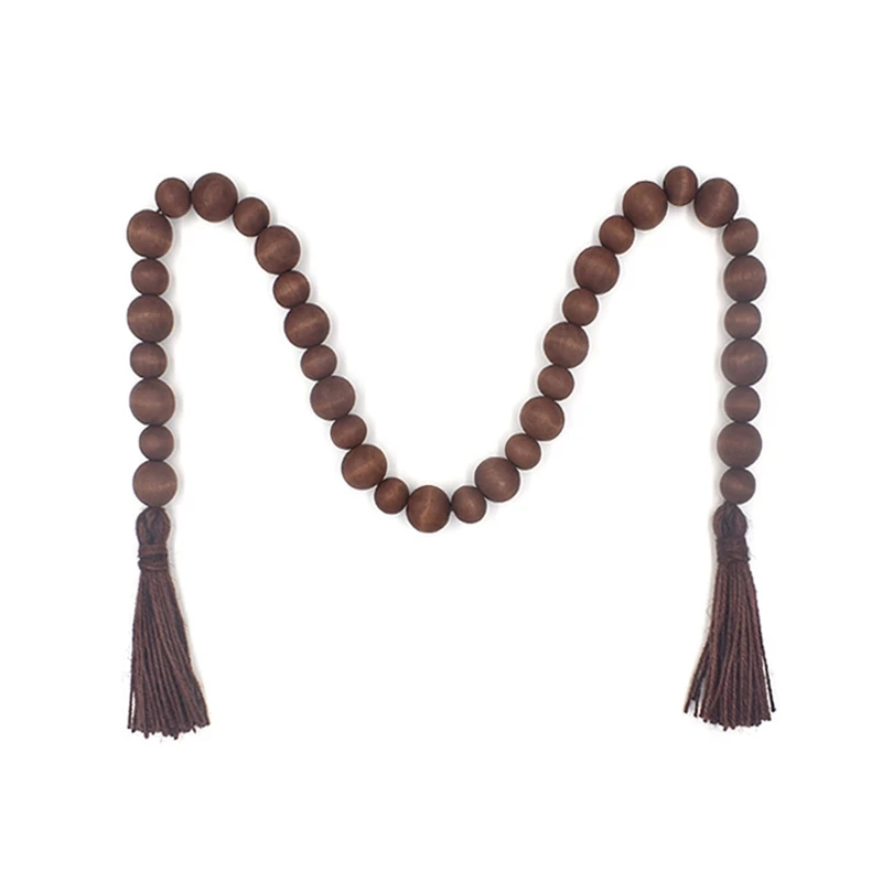 

Dark Coffee Color Wood Bead Garland with Tassel Rustic Country Beads Decor