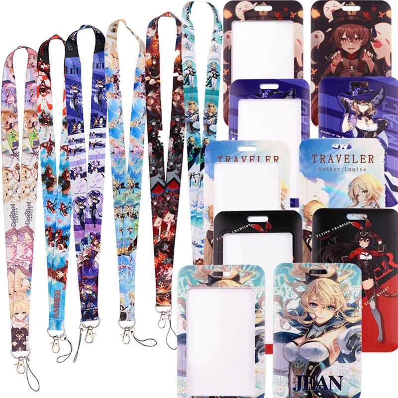 

Anime Genshin Impact Business Card Cover With Hanging Neck Lanyards Anti-lost Protective Shell Card Holder Bus ID Card Case