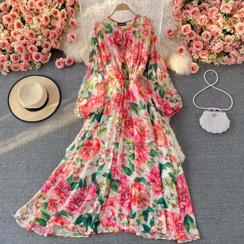 

Женское шифоновое платье-макси Banulin, модельное элегантное платье для отпуска в богемном стиле с рукавом летучая мышь и принтом роз, N76637, весна-лето