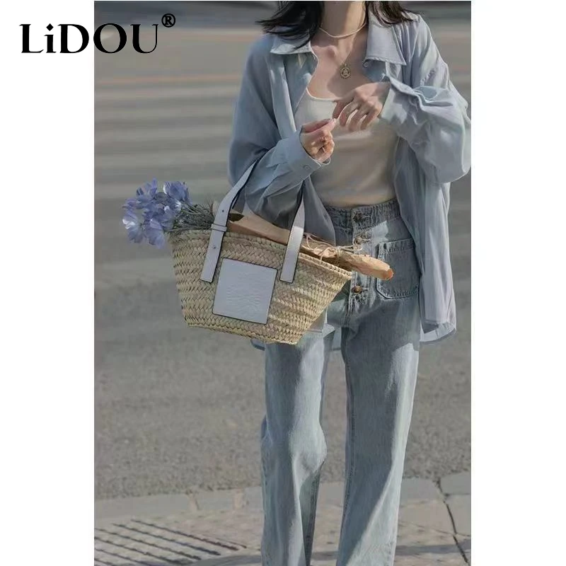 

2023 Summer Solid Color Shirt Women POLO Collar Thin Style Breathable Double-breasted Cardigan Korean Style Personality Outwear