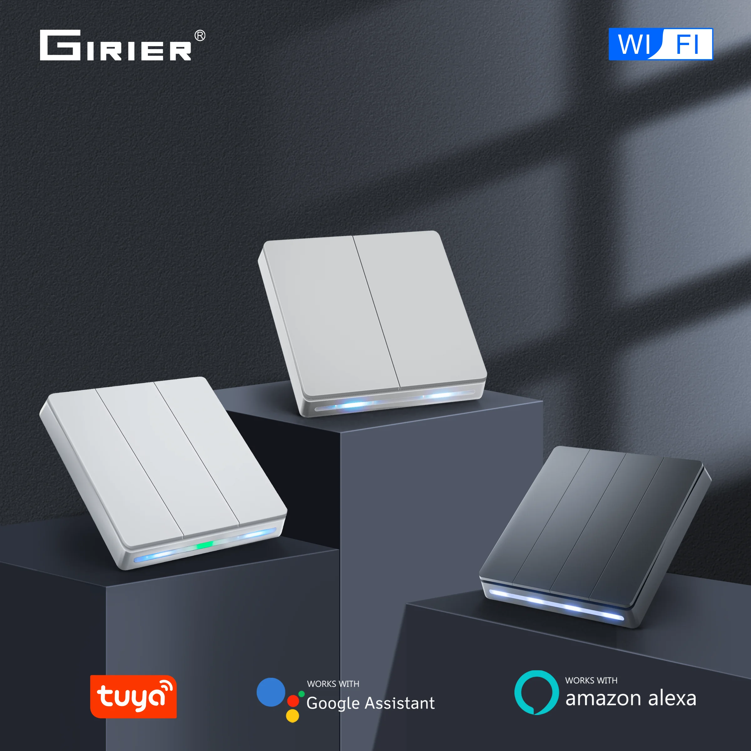Фото Умный настенный выключатель GIRIER с Wi-Fi, требуется нейтральный провод, кнопочные переключатели на 1/2/3/4 группы, поддержка приложения Tuya, Alexa, Hey Google №1
