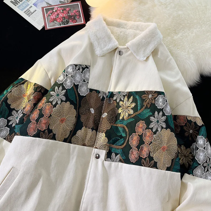 Winter Jacket Men Warm Fashion Thicken Embroidery Jacket Men Japanese Streetwear Loose Plush Thick Short Coat Mens Large Size