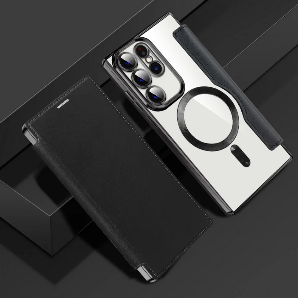 

Magnetic Flip Leather Cover for Samsung Galaxy S23 Ultra Plus Shockproof Card Slot Holder Plating Bumper Clear Phone Case