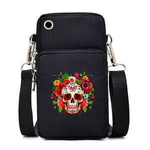 Small Shoulder Bag Skull Flower Print Mobile Phone Bag Mini Messenger Purse Black Lady Wallet CrossBody Bag for Women Handbags