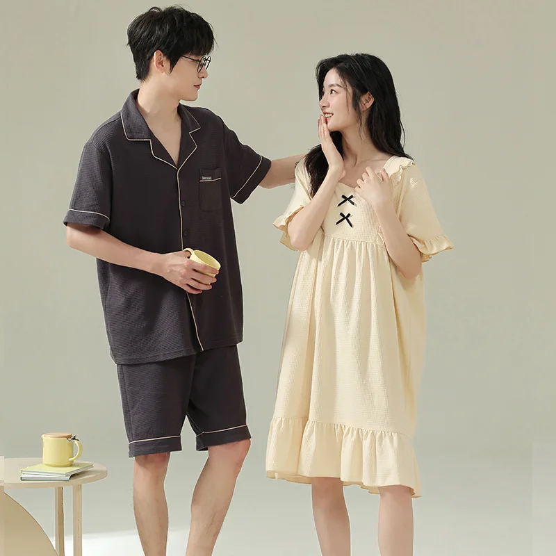 Summer Couple Pajamas Simple Casual Pure Cotton Walf Checks Short Sleeves Skirt Homewear Suit Outerwear Popular Style |