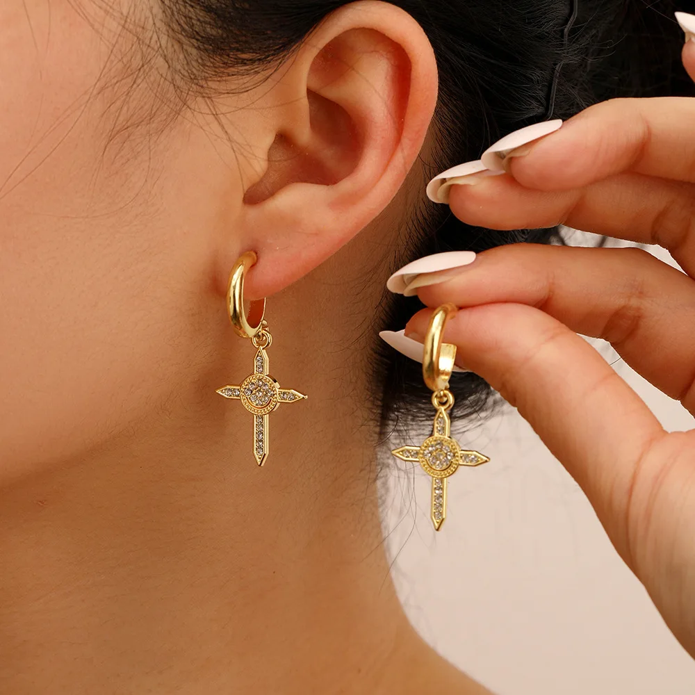 

Inlaid Rhinestones Cross Dangle Earrings for Women 2023 Trending Simple Luxury Hoop Earrings Gifts for Friends Ear Jewelry