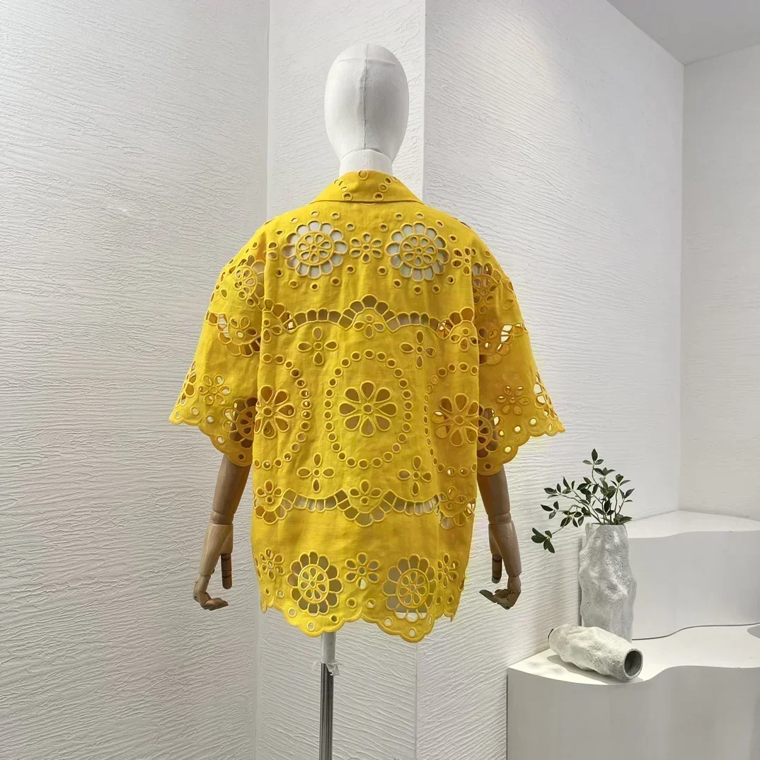 Чистый лен желтый 2024 высококачественная свободная блузка с цветочной вышивкой и
