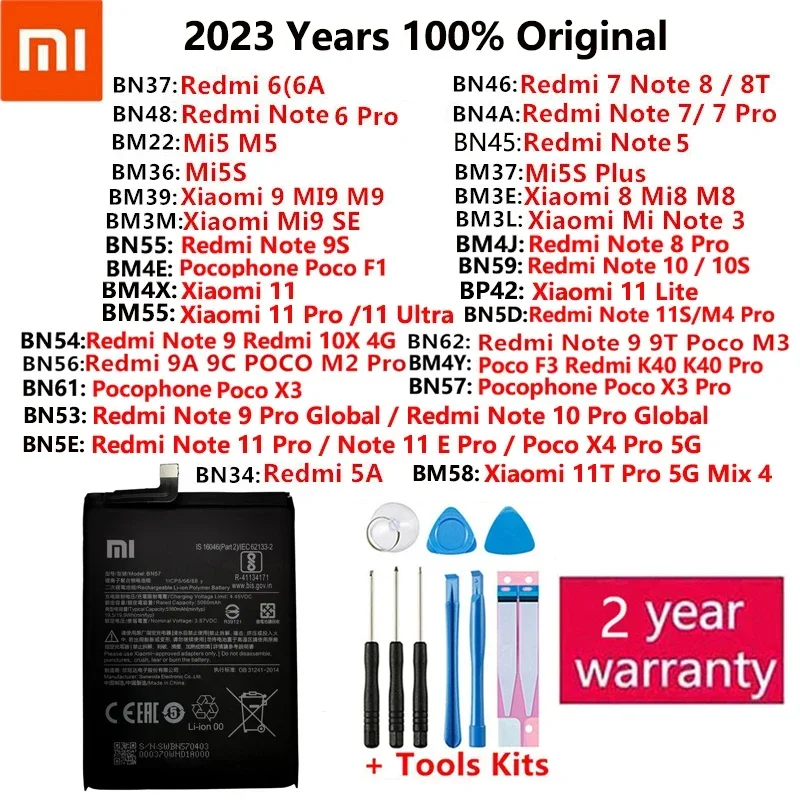 

For Xiaomi Redmi Note Mi K40 5 5A 5S 6 6A 7 8 8T 9 9A 9C 9S 9T 10 10S 10X 11 11S 11T SE Poco F1 M2 M3 F3 X3 4X Plus Pro Battery