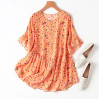 2022 summer natural silk womens tops and blouses orange print prairie chic blusas mujer de moda verano thin single piece set
