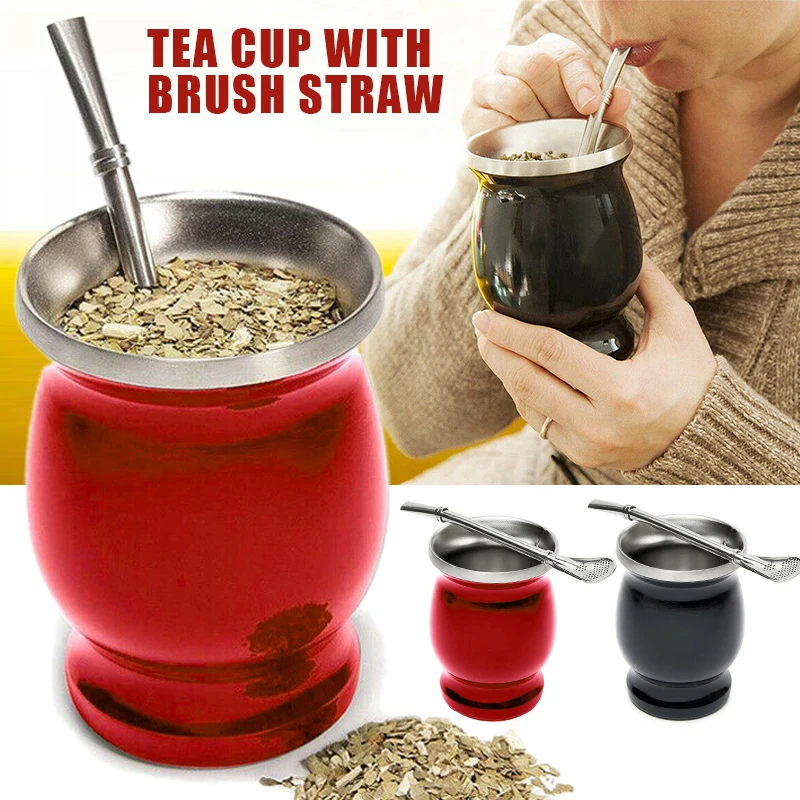

1Set 230ML Yerba Mate Cup Set Stainless Steel Double Wall Tea Cup with Spoon Brush Straw Gourd Shaped Yerba Mate Tea Cups