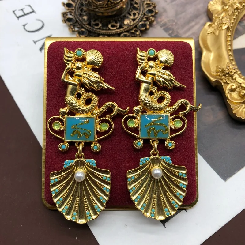 

European and American shell mermaid temperament fashion earrings vintage sea blue enamel glaze studs ear clip for women