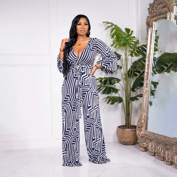 

Female Fashion Streetwear Print V-neck Long Sleeve Skinny Jumpsuits With Belt Party Autumn Bodycon Rompers