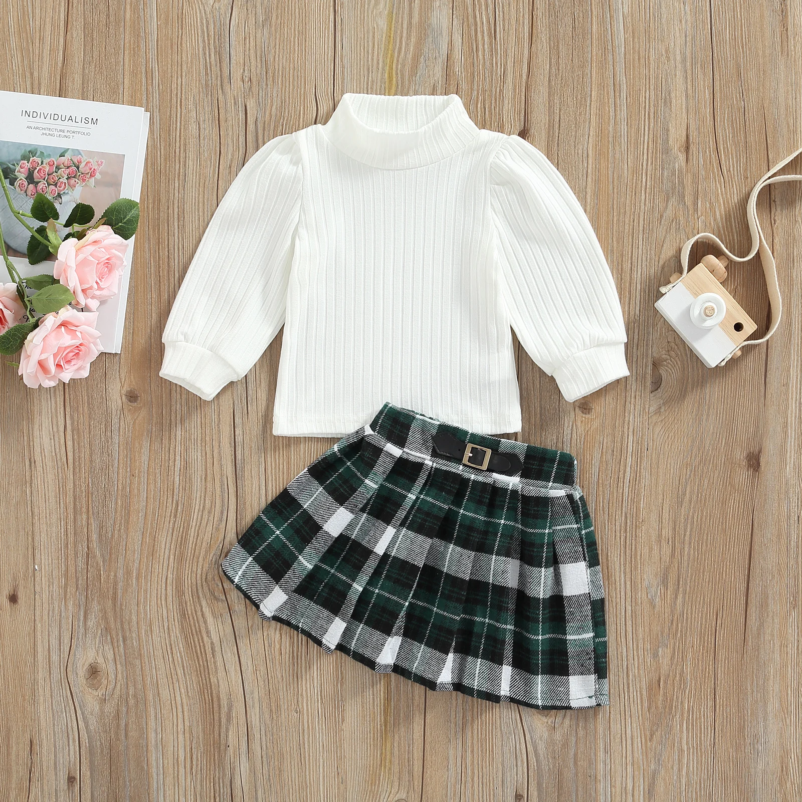 

TR New Autumn Kids Girls Suit Set Solid Color Turtleneck Long Sleeve Tops+ Plaid Pleated Skirt Spring Clothes