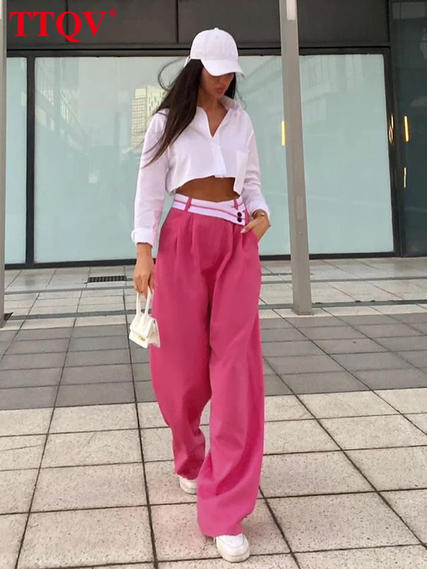 

TTQV Casual Loose Pink Women's Pants 2023 Fashion Patchwork High Waisted Trousers Elegant Full Length Pants Female Clothing