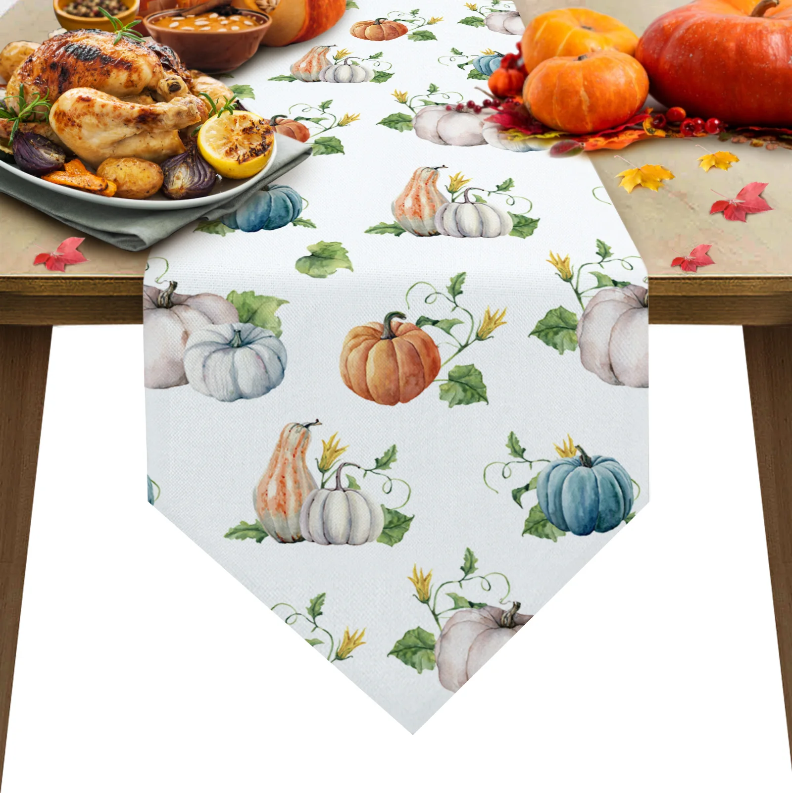 

Autumn Pumpkin Maple Leaf White Table Runner Country Wedding Decoration Tablecloth Home Hotel Party Kitchen Dining Table Mats