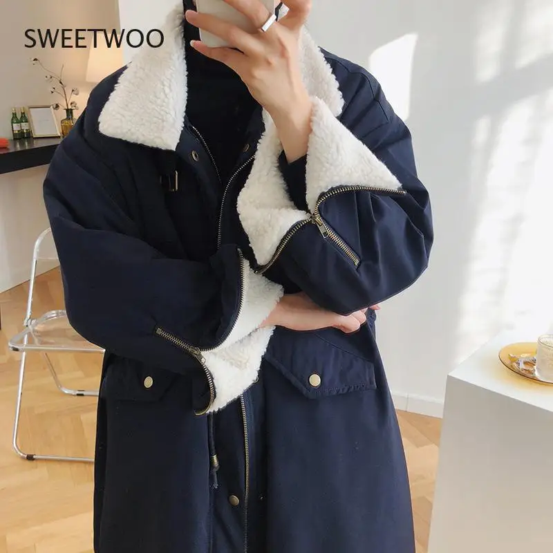 Women Winter Lamb Wool Coat Fur Collar Long-Sleeved Long Section Over The Knee Loose Casual Solid Color Fashion Coat Slim Tide