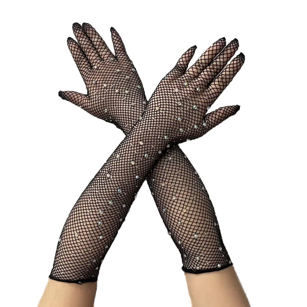 

Women Long Full & Half Finger Gloves Stretch Rhinestone Fishing See-through Fashion Dancer Singer Nightclub Stage Accessories