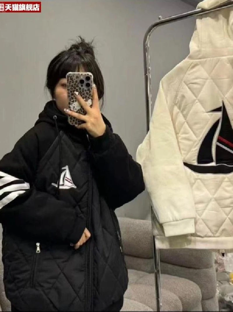 Autumn and Winter Embroidery Patchwork Sailing Cotton-Padded Coat Preppy Solid Jacket Warm Couple Hood Cotton-padded jacket O...