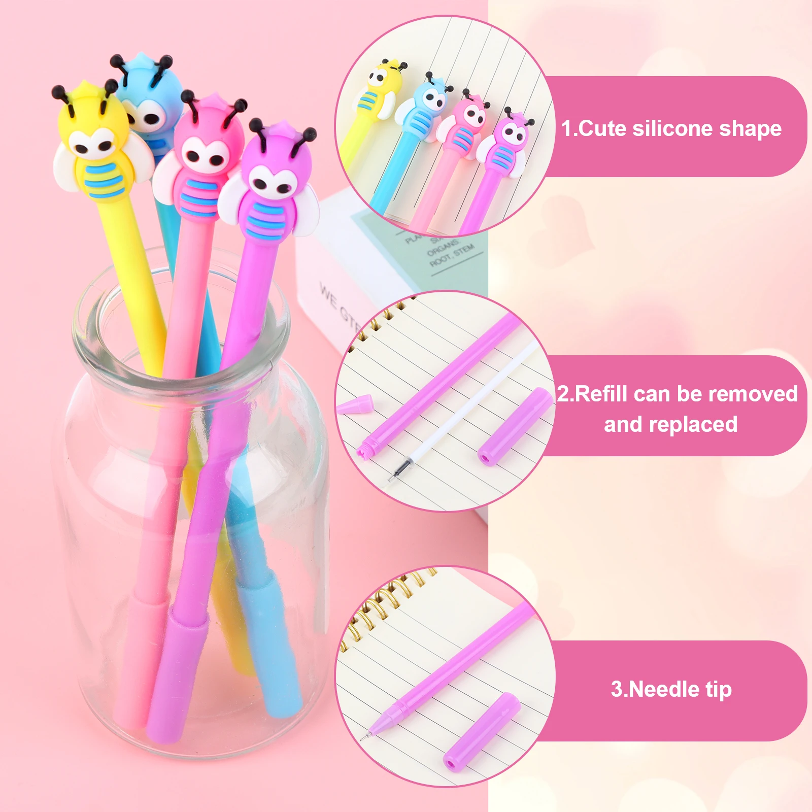 

VAIPI 30 Pcs Cute Bees Gel Pens Gift Cute Cartoon Pens Black Ink Signature Pens