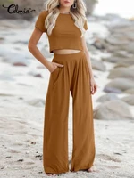 celmia casual 2022 summer 2 piece sets elastic knitted solid skinny short sleeve crop tops and high waist pants suits pant sets