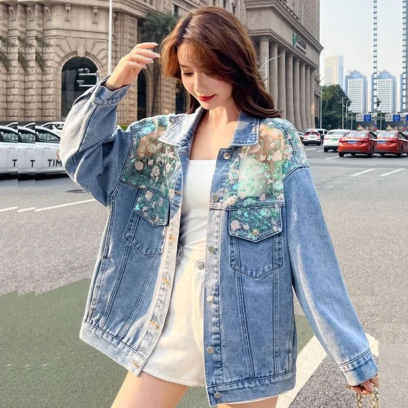 

Женская ВИНТАЖНАЯ ДЖИНСОВАЯ КУРТКА Harajuku, Повседневная Свободная джинсовая куртка с отложным воротником и длинным рукавом, с кружевной сеткой и блестками, верхняя одежда на осень