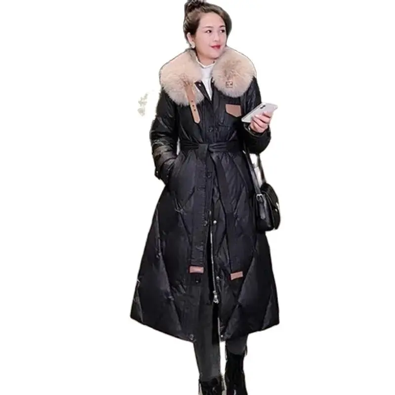 Зимнее женское пальто модная длинная талия большой меховой воротник утепленная